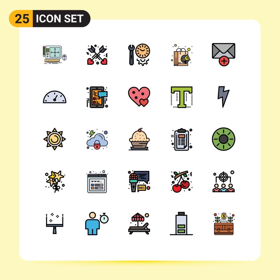 paquete de 25 modernos signos y símbolos de colores planos de línea rellena para medios de impresión web, como herramientas digitales de reloj de marketing por correo, elementos de diseño de vectores editables
