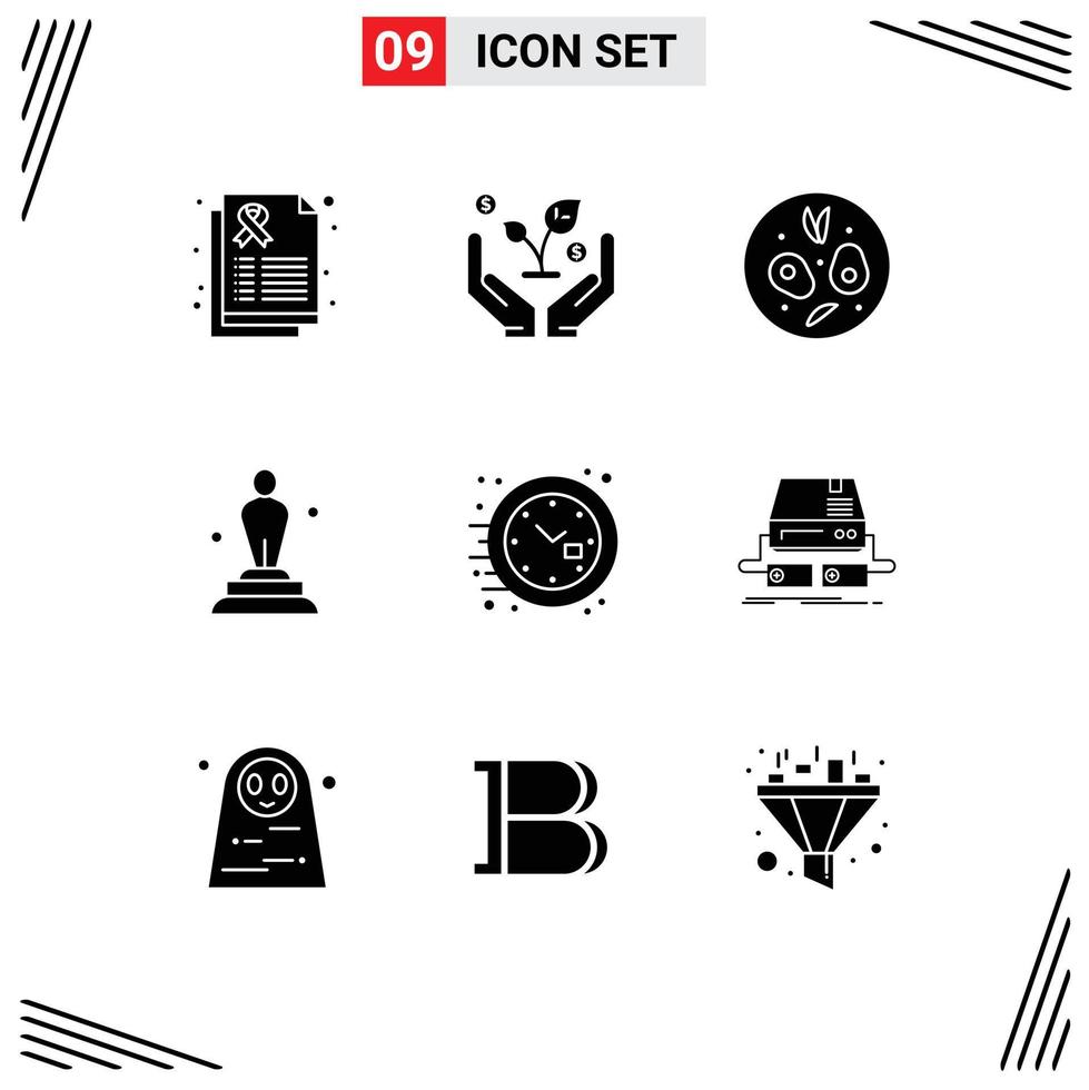 Universal Icon Symbols Group of 9 Modern Solid Glyphs of time clock food trophy oscar Editable Vector Design Elements