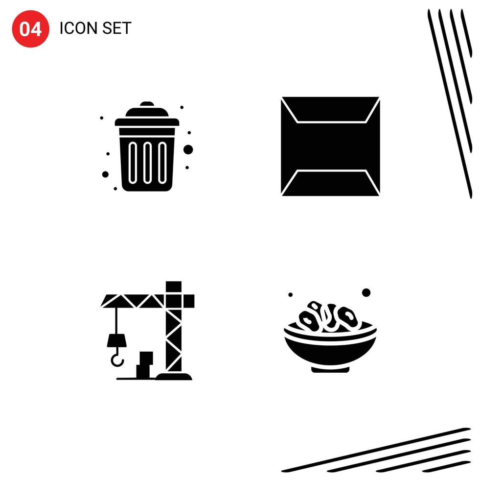 Universal Icon Symbols Group of 4 Modern Solid Glyphs of dustbin crane recycle sealed dates Editable Vector Design Elements