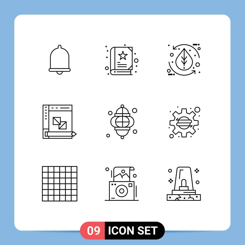 Group of 9 Modern Outlines Set for lantern panel ecology development coding Editable Vector Design Elements