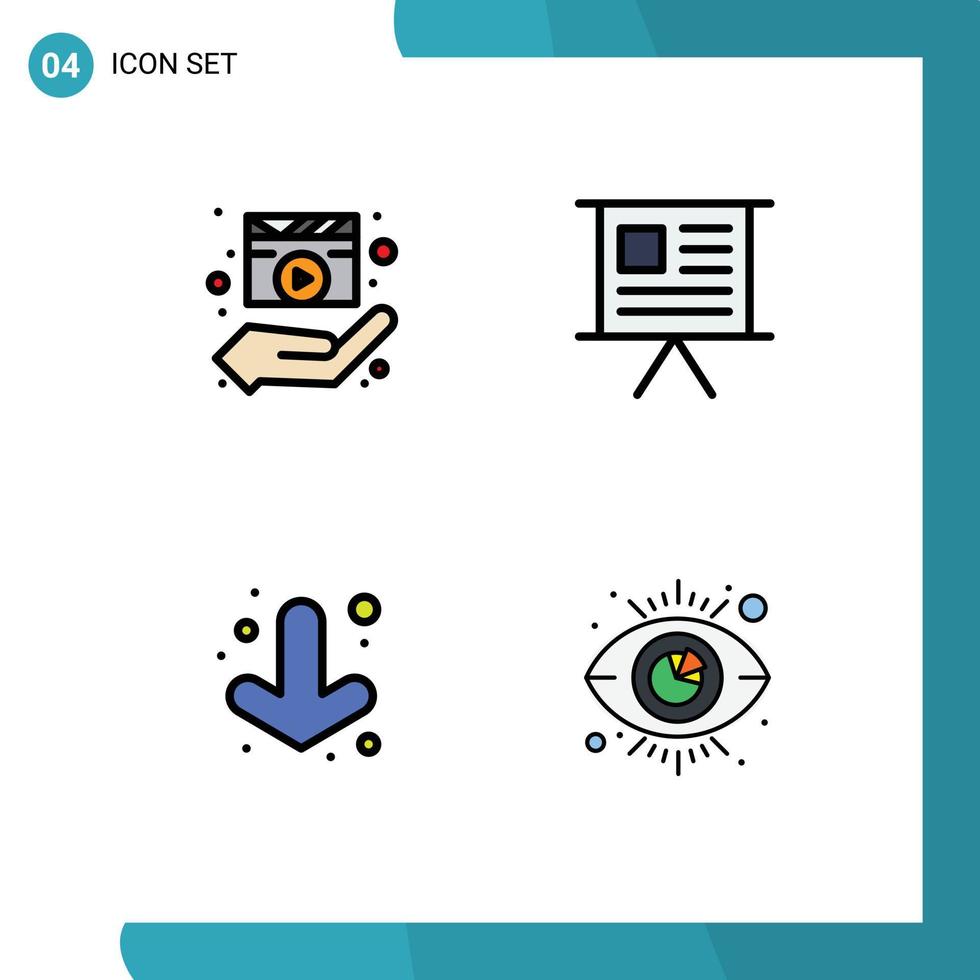 Mobile Interface Filledline Flat Color Set of 4 Pictograms of director presentation media player finance down Editable Vector Design Elements