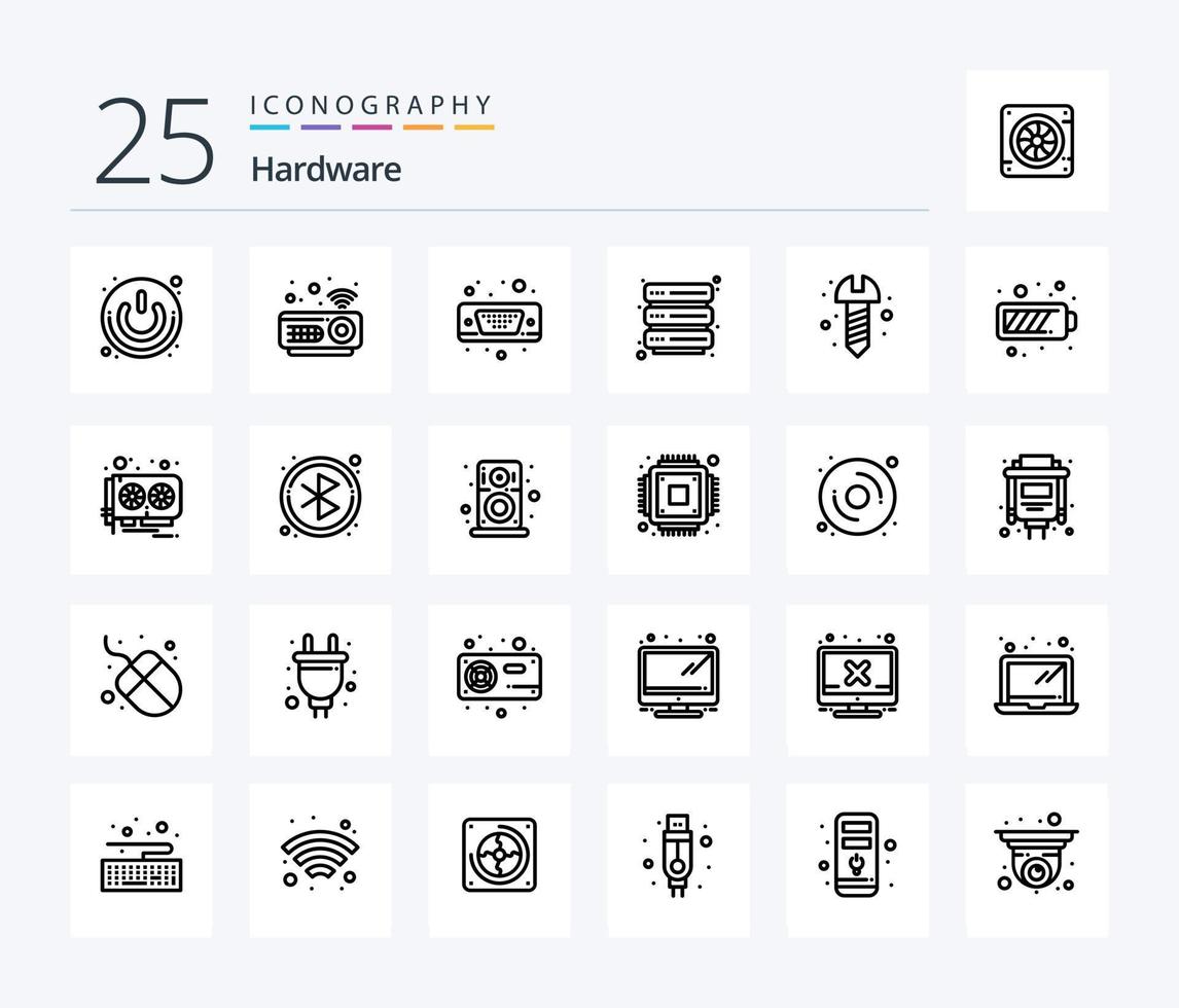 Hardware 25 Line icon pack including screw. diy. display. security. hosting vector