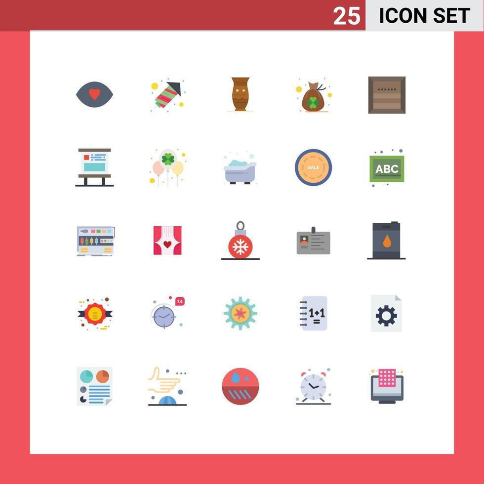 conjunto de pictogramas de 25 colores planos simples de bolsa de cultura de trébol de caja de elementos de diseño vectorial editables de cerámica de trébol vector