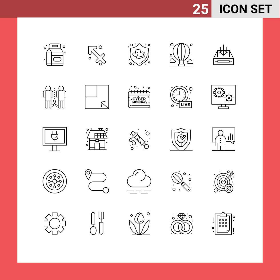 25 User Interface Line Pack of modern Signs and Symbols of mail sky love mountain balloon Editable Vector Design Elements