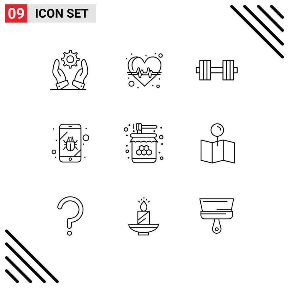 Group of 9 Modern Outlines Set for food spy dumbbell security bug Editable Vector Design Elements