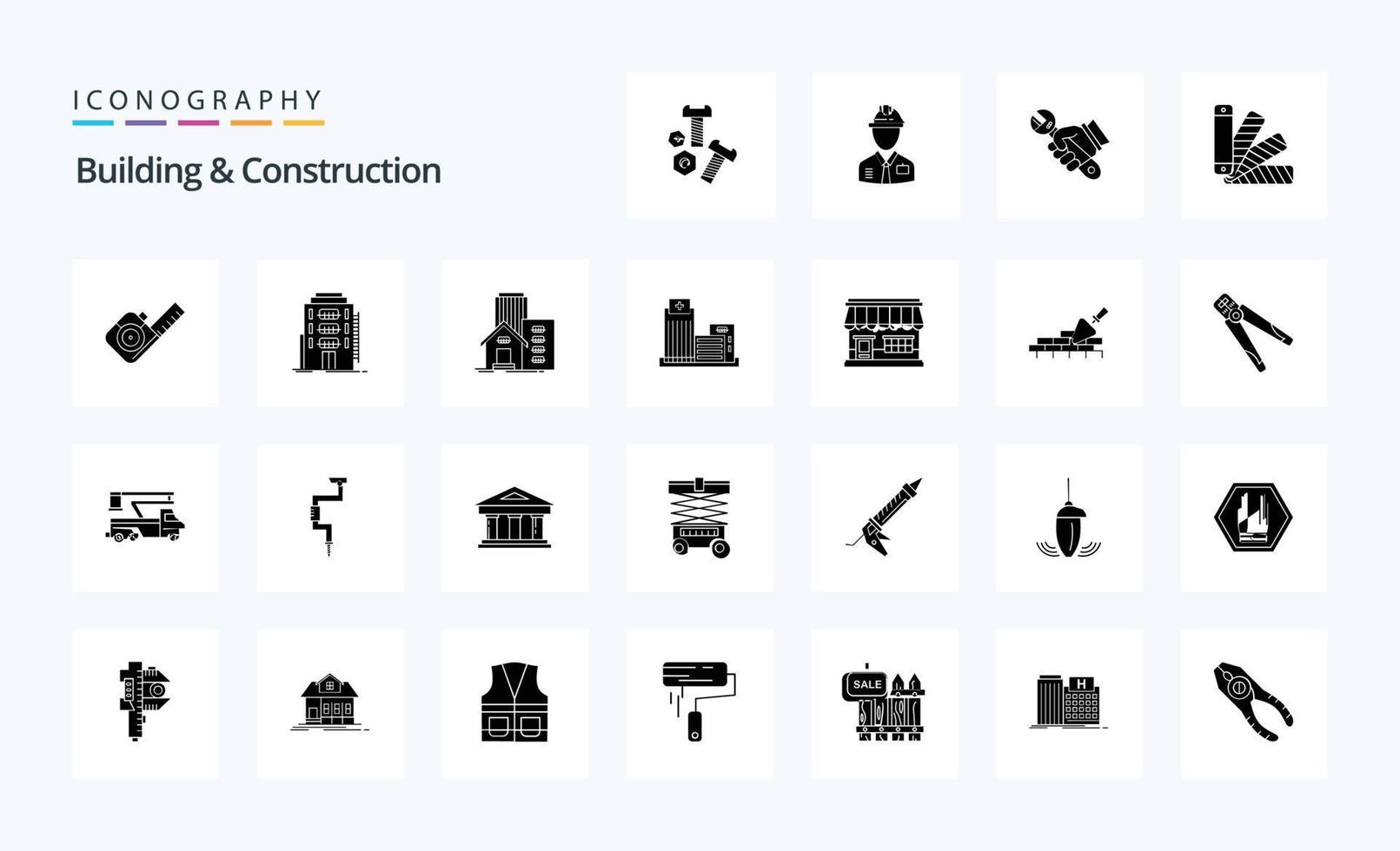 paquete de iconos de 25 glifos sólidos de construcción y construcción vector