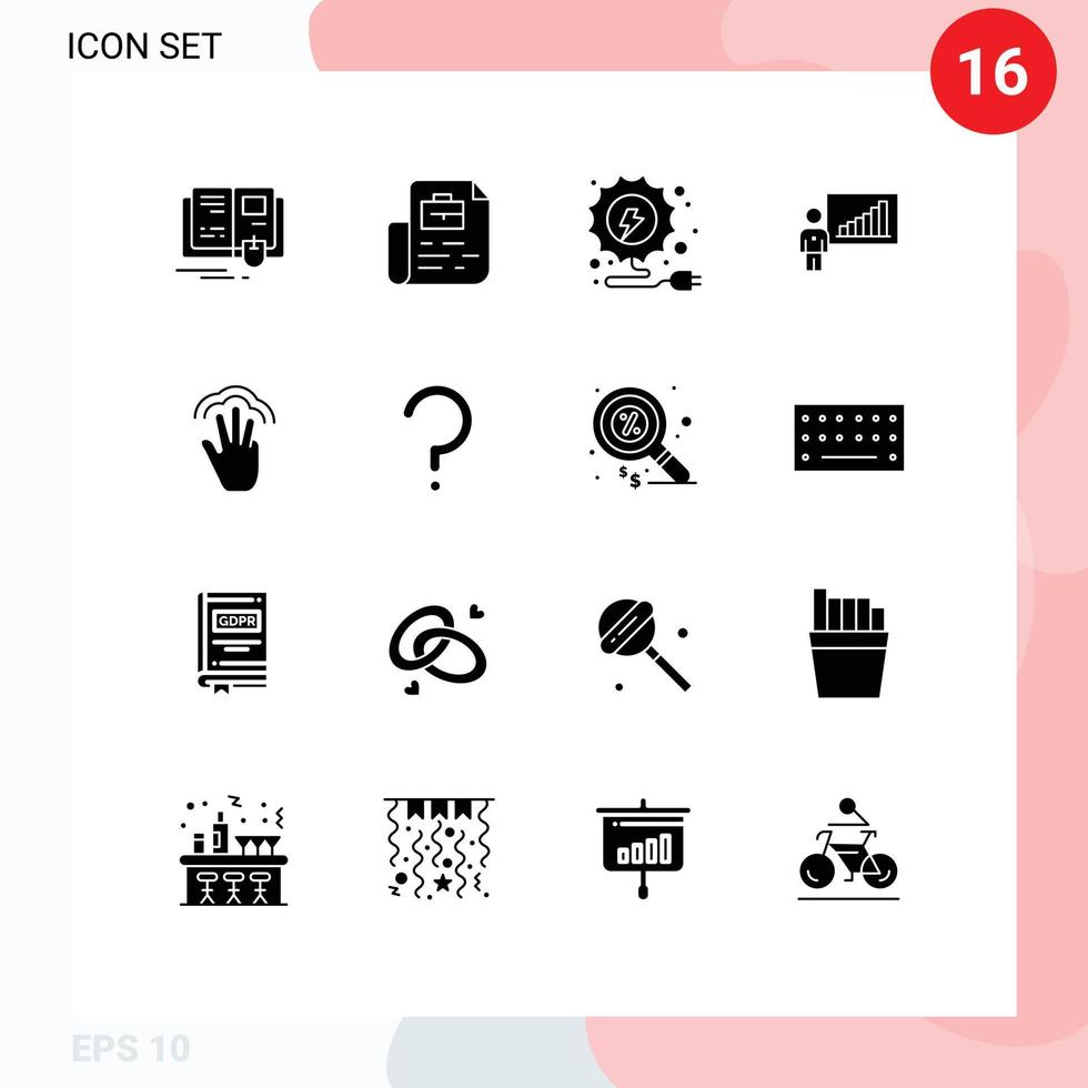 Set of 16 Commercial Solid Glyphs pack for gestures success electricity efforts business Editable Vector Design Elements