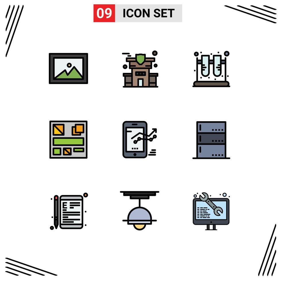 Editable Vector Line Pack of 9 Simple Filledline Flat Colors of progress graph lab chart mockup Editable Vector Design Elements