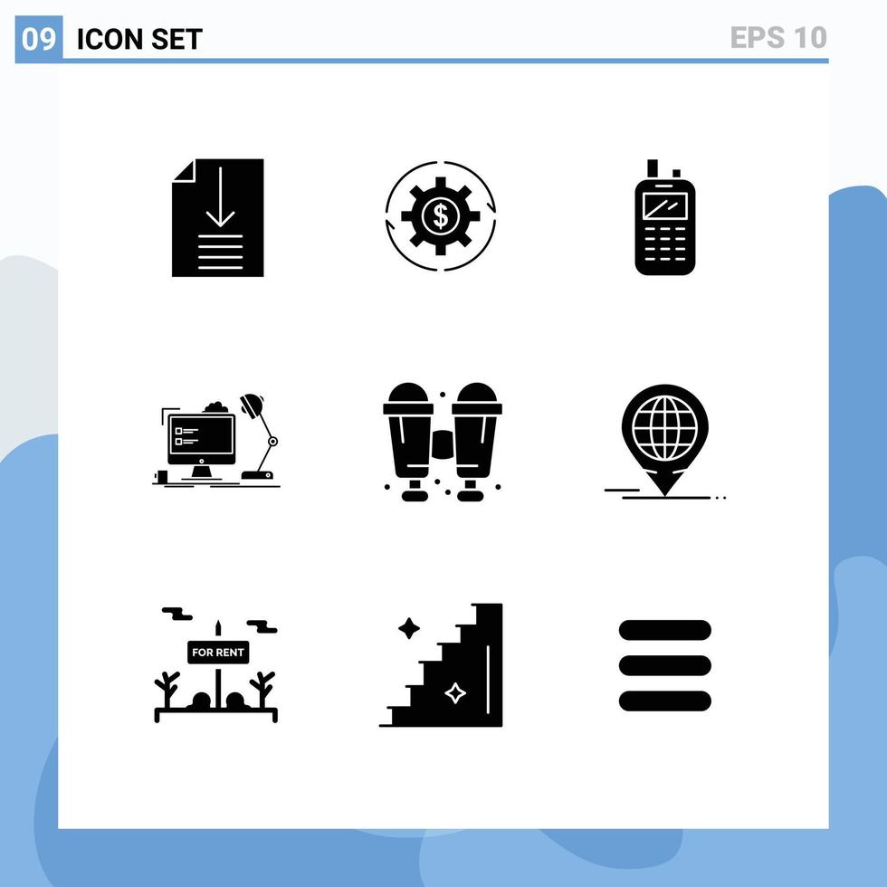 Solid Glyph Pack of 9 Universal Symbols of lamp workstation money workplace receiver Editable Vector Design Elements