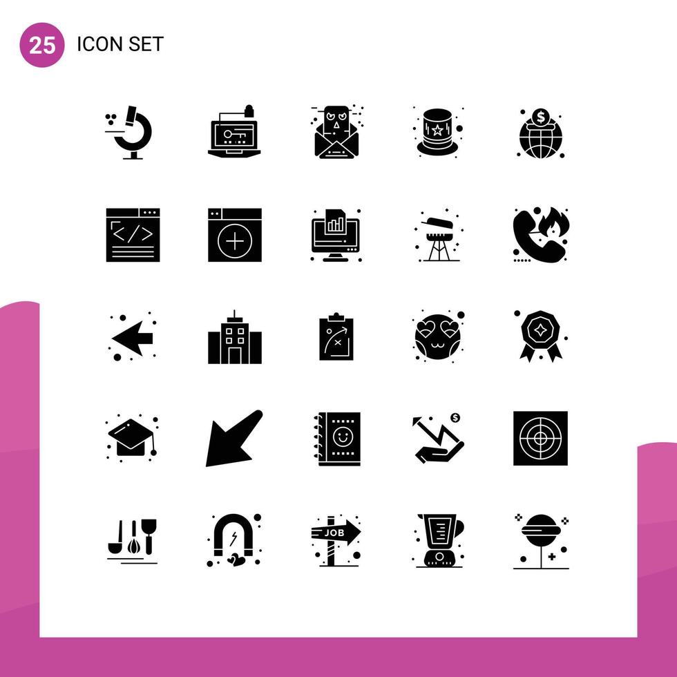 25 User Interface Solid Glyph Pack of modern Signs and Symbols of market economy chat hat carnival Editable Vector Design Elements