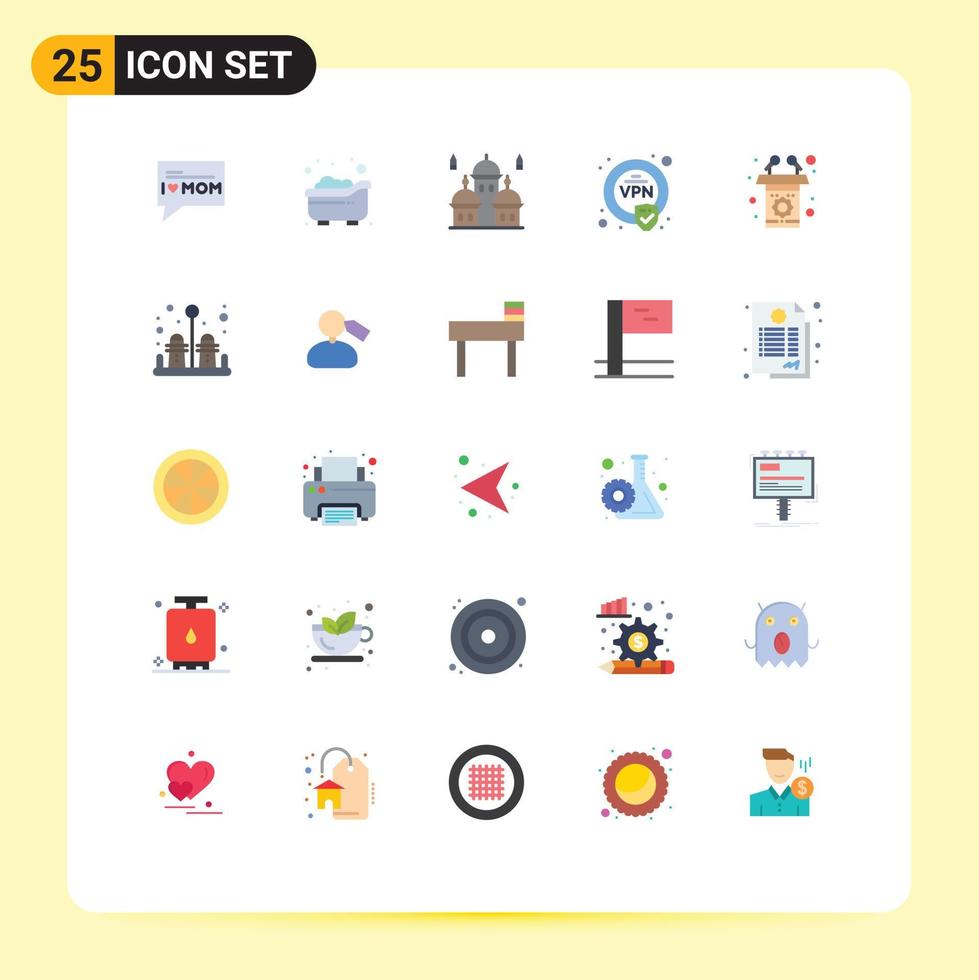 Pictogram Set of 25 Simple Flat Colors of rostrum podium masjid vpn encryption Editable Vector Design Elements