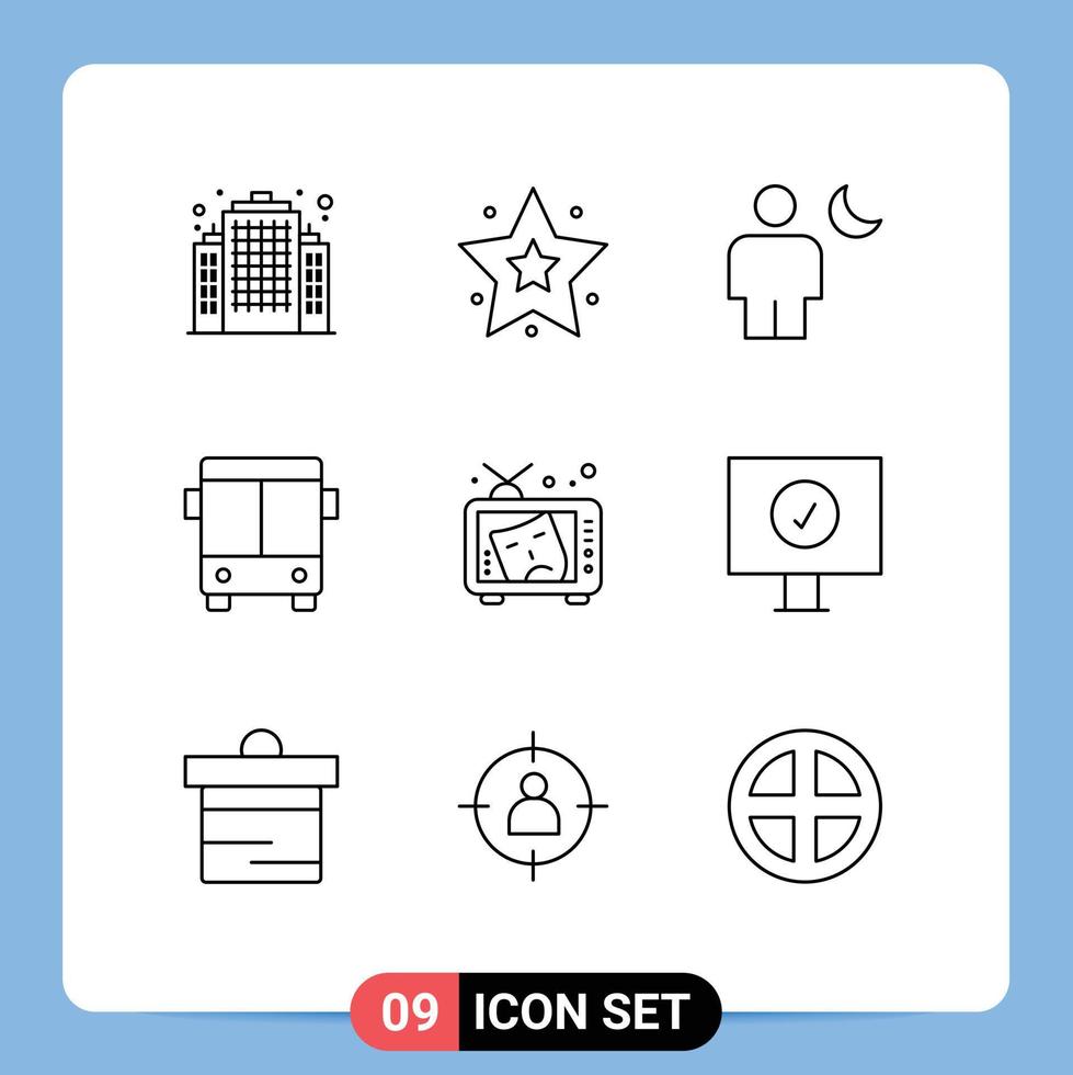 Pack of 9 Modern Outlines Signs and Symbols for Web Print Media such as art tv human vehicle bus Editable Vector Design Elements