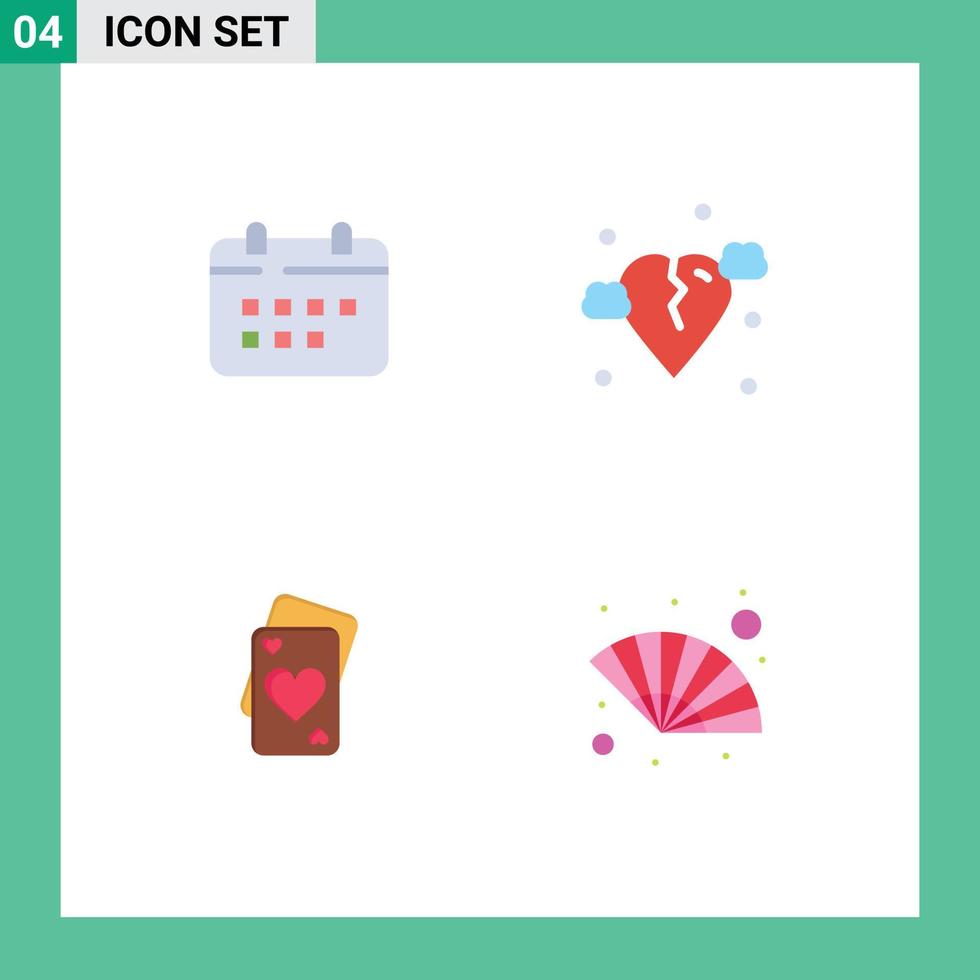 4 User Interface Flat Icon Pack of modern Signs and Symbols of calendar card appointment broken heart Editable Vector Design Elements