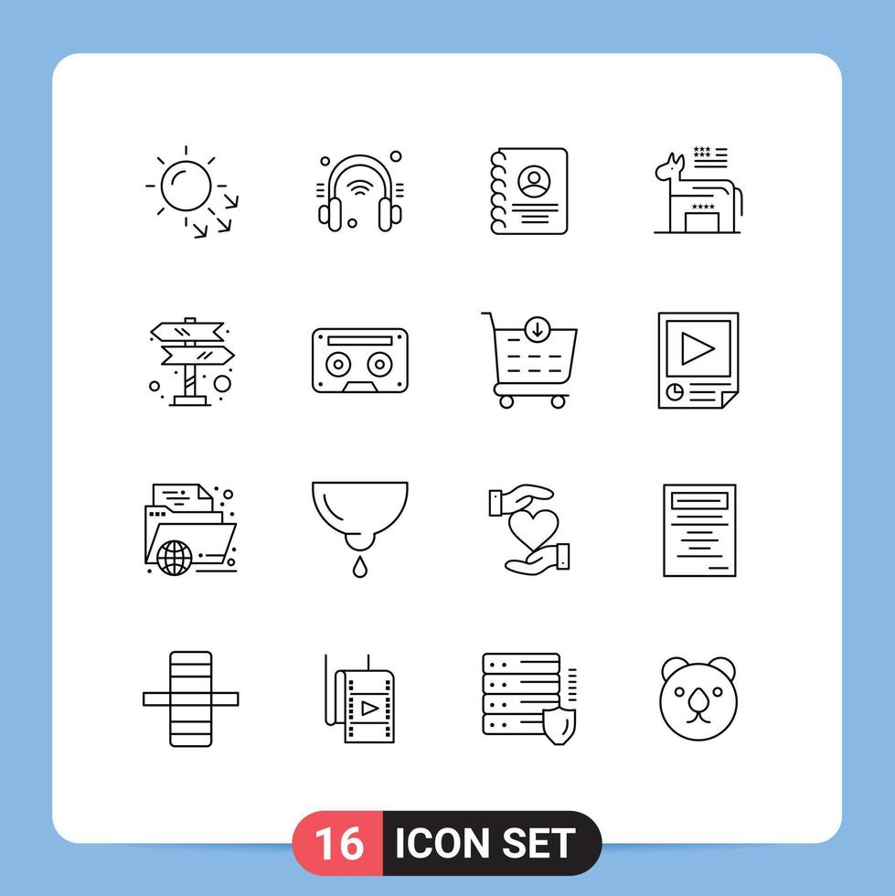 Modern Set of 16 Outlines Pictograph of road trip symbol contacts political donkey Editable Vector Design Elements