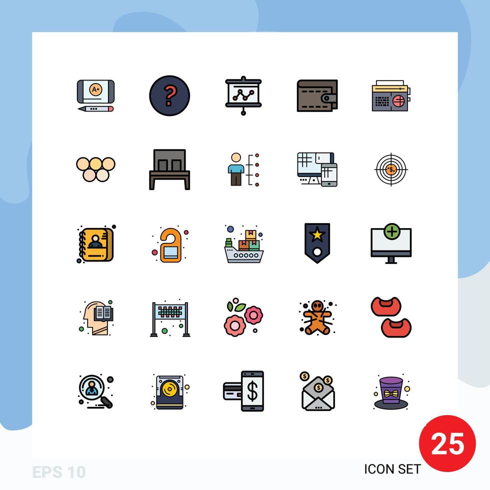 25 Thematic Vector Filled line Flat Colors and Editable Symbols of ancient audio presentation music wallet Editable Vector Design Elements