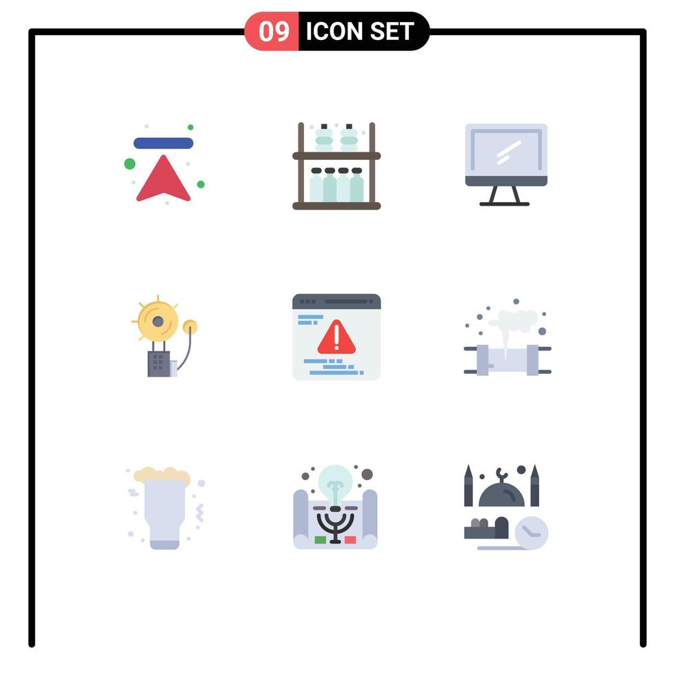 Set of 9 Commercial Flat Colors pack for intruder bell computer alert pc Editable Vector Design Elements