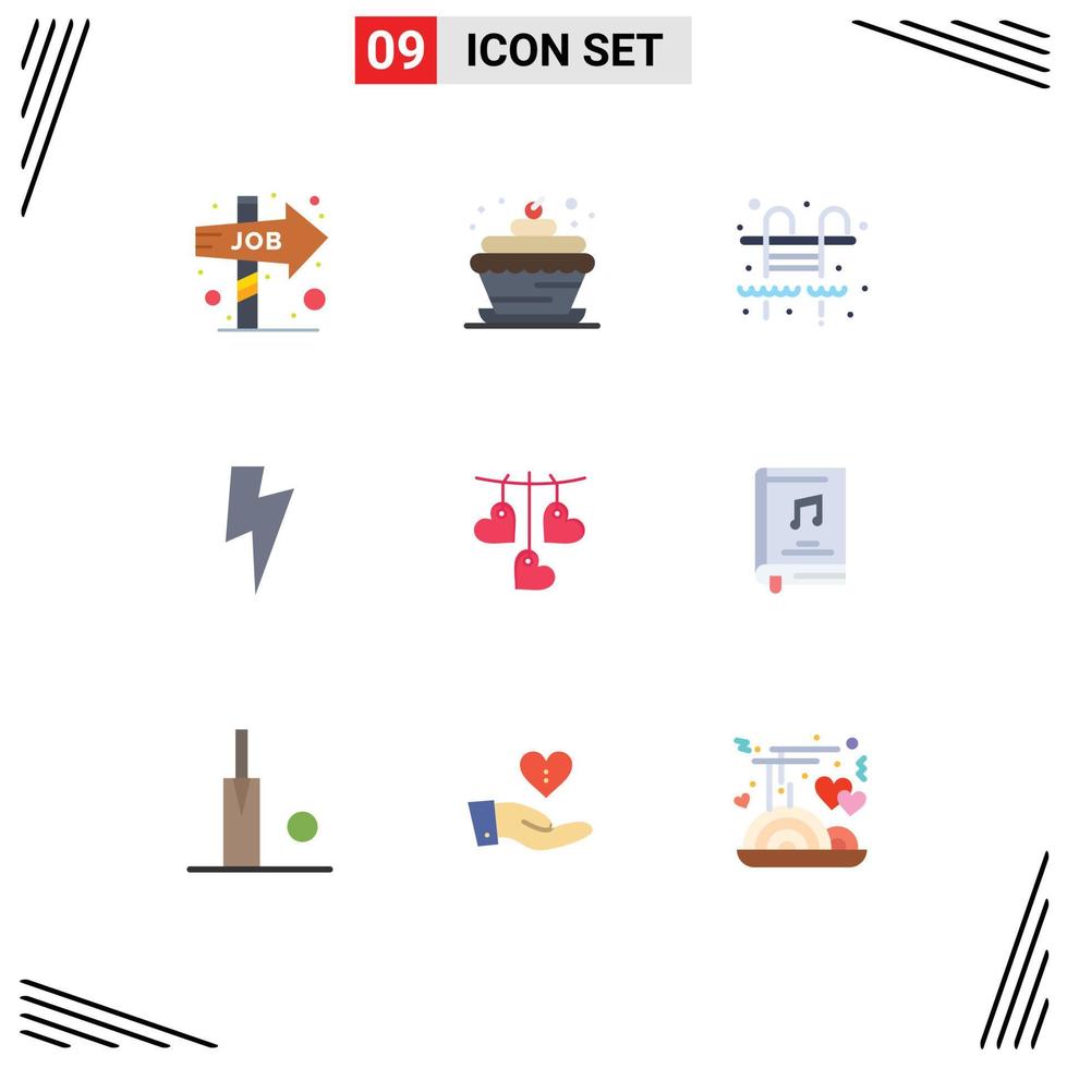 Pictogram Set of 9 Simple Flat Colors of hanging valentine city heart power Editable Vector Design Elements