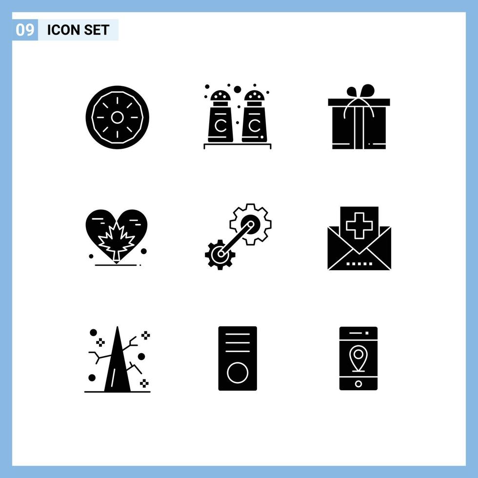 9 Solid Glyph concept for Websites Mobile and Apps cogwheel leaf gift canada love Editable Vector Design Elements