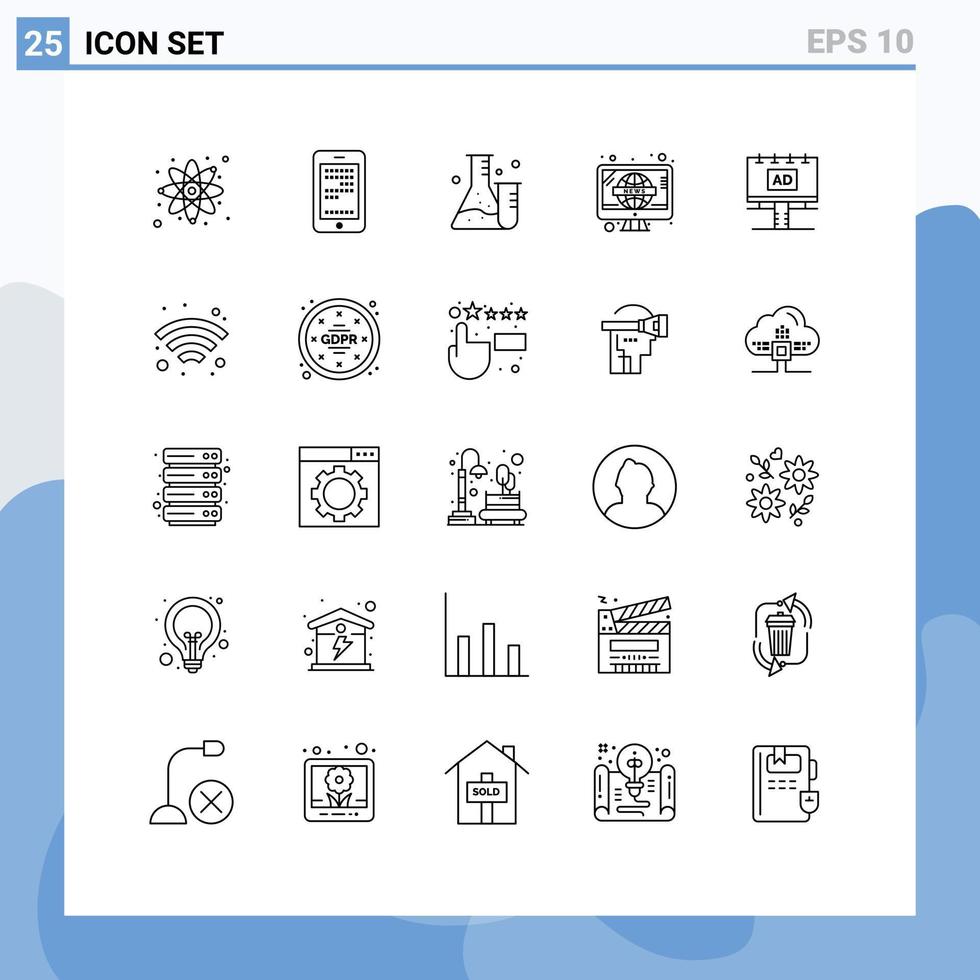 paquete de 25 líneas modernas, signos y símbolos para medios de impresión web, como elementos de diseño de vectores retro editables de banner ad tube tv