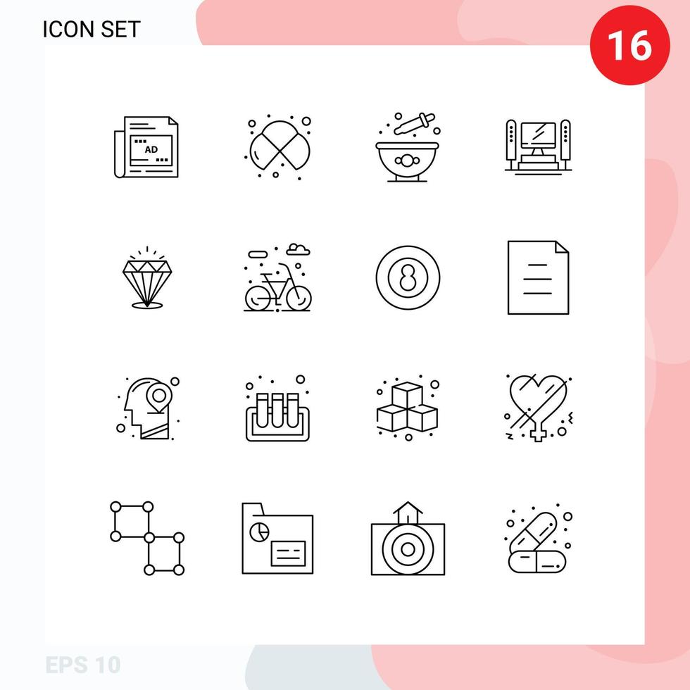 Group of 16 Outlines Signs and Symbols for diamound server lab computing dye Editable Vector Design Elements