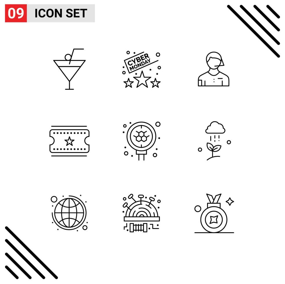 Universal Icon Symbols Group of 9 Modern Outlines of science atom football movie tickets cinema tickets Editable Vector Design Elements