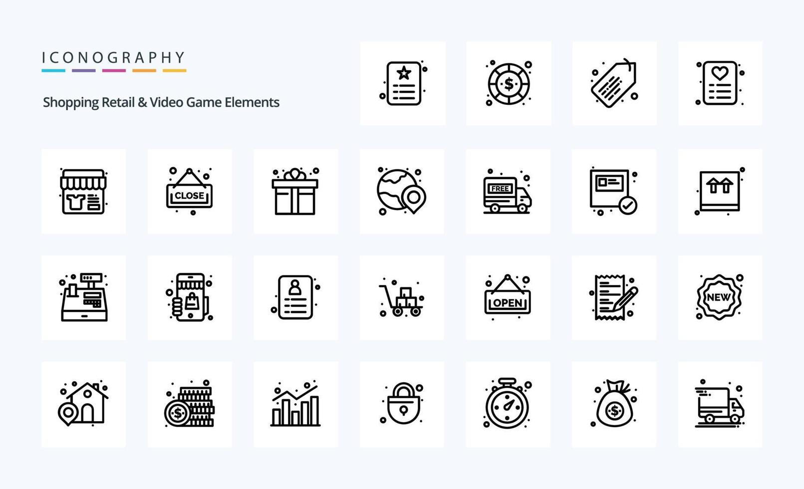 25 Shoping Retail And Video Game Elements Line icon pack vector