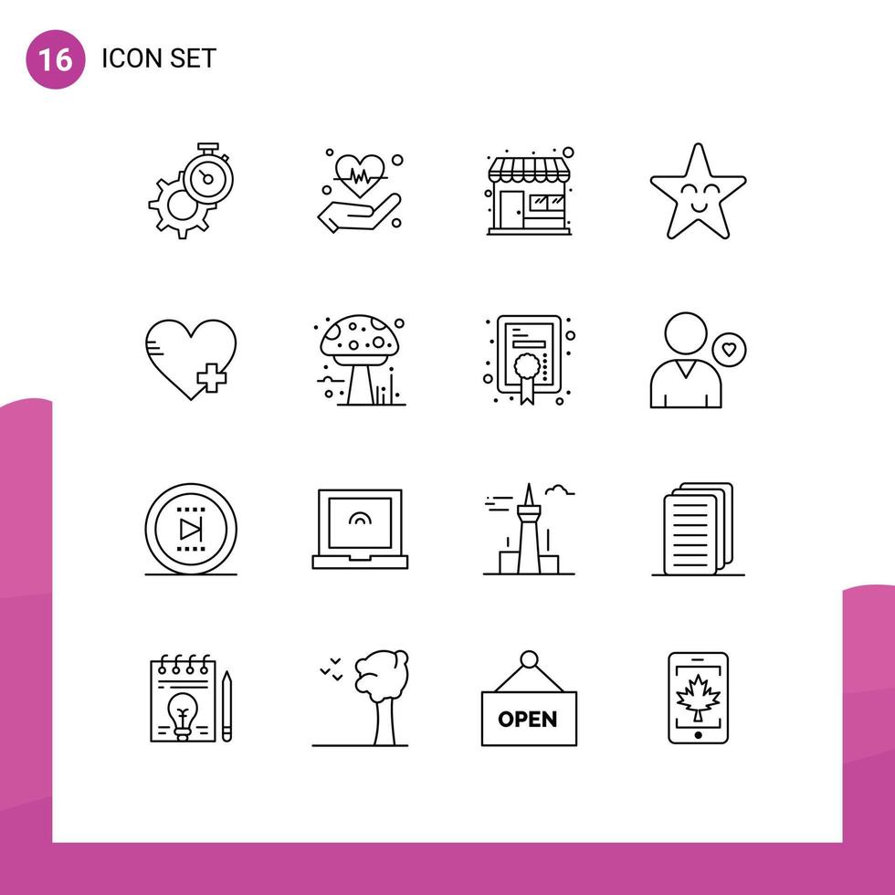 16 Universal Outlines Set for Web and Mobile Applications favorite star heart face store Editable Vector Design Elements