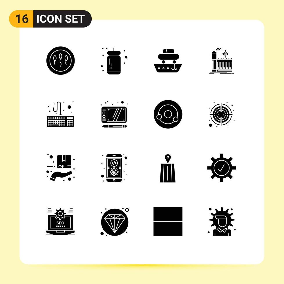 16 Universal Solid Glyphs Set for Web and Mobile Applications computer business car factory vessel Editable Vector Design Elements