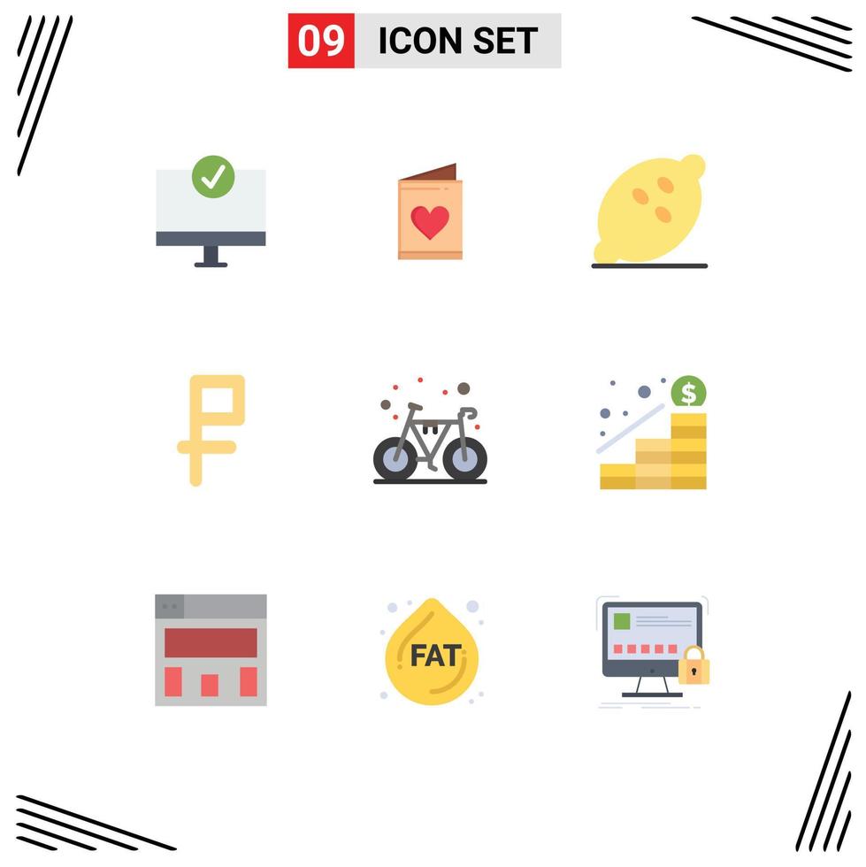 Paquete de 9 colores planos de interfaz de usuario de signos y símbolos modernos de bicicleta dinero corazón moneda frutas elementos de diseño vectorial editables vector