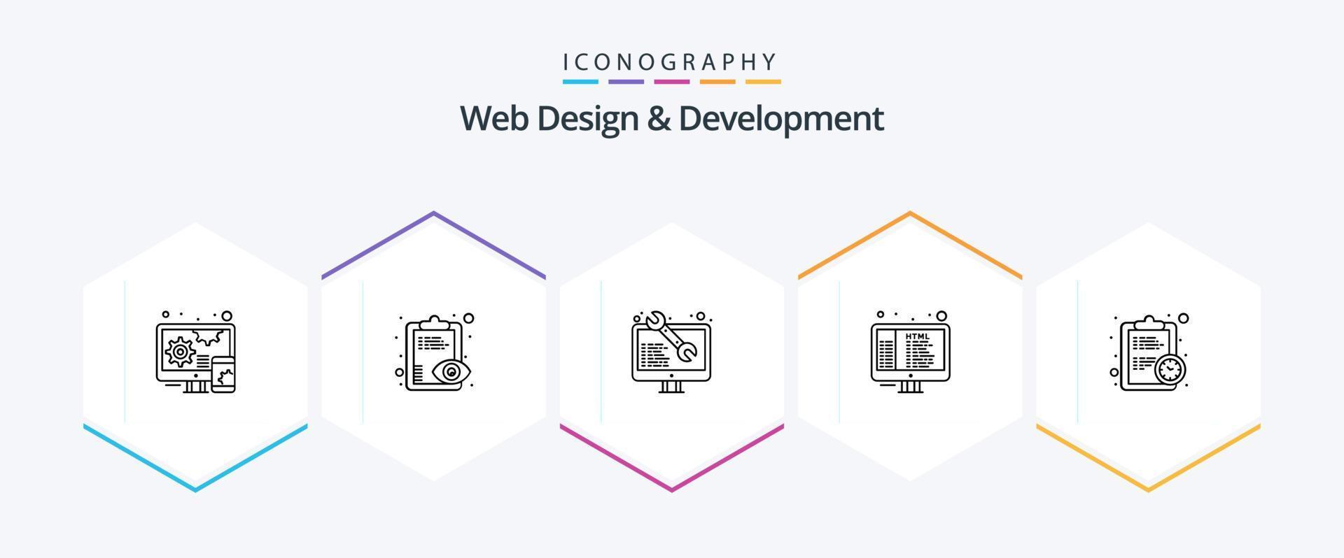 paquete de iconos de 25 líneas de diseño y desarrollo web, incluida la fecha límite. programación. software. html código vector