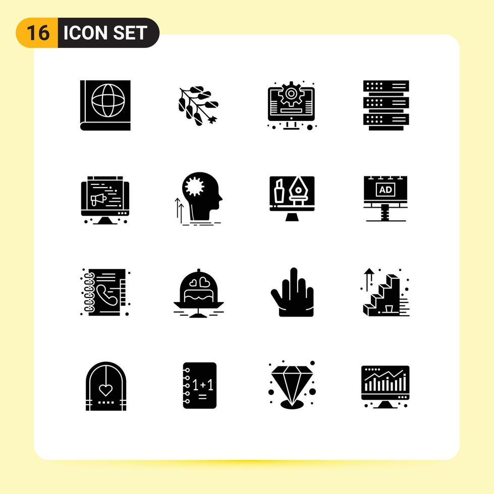 16 User Interface Solid Glyph Pack of modern Signs and Symbols of creative web marketing speaker network Editable Vector Design Elements