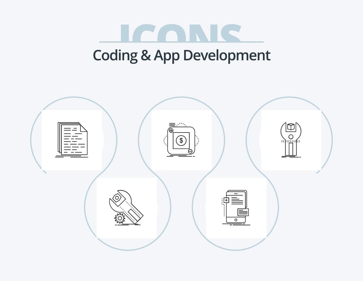 paquete de iconos de línea de desarrollo de aplicaciones y codificación 5 diseño de iconos. aplicación complejo. lanzadera. grupo. estructura vector