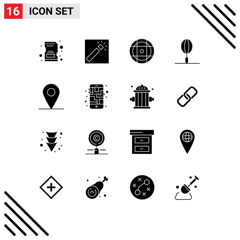 Set of 16 Vector Solid Glyphs on Grid for map location ball kitchen fast food Editable Vector Design Elements