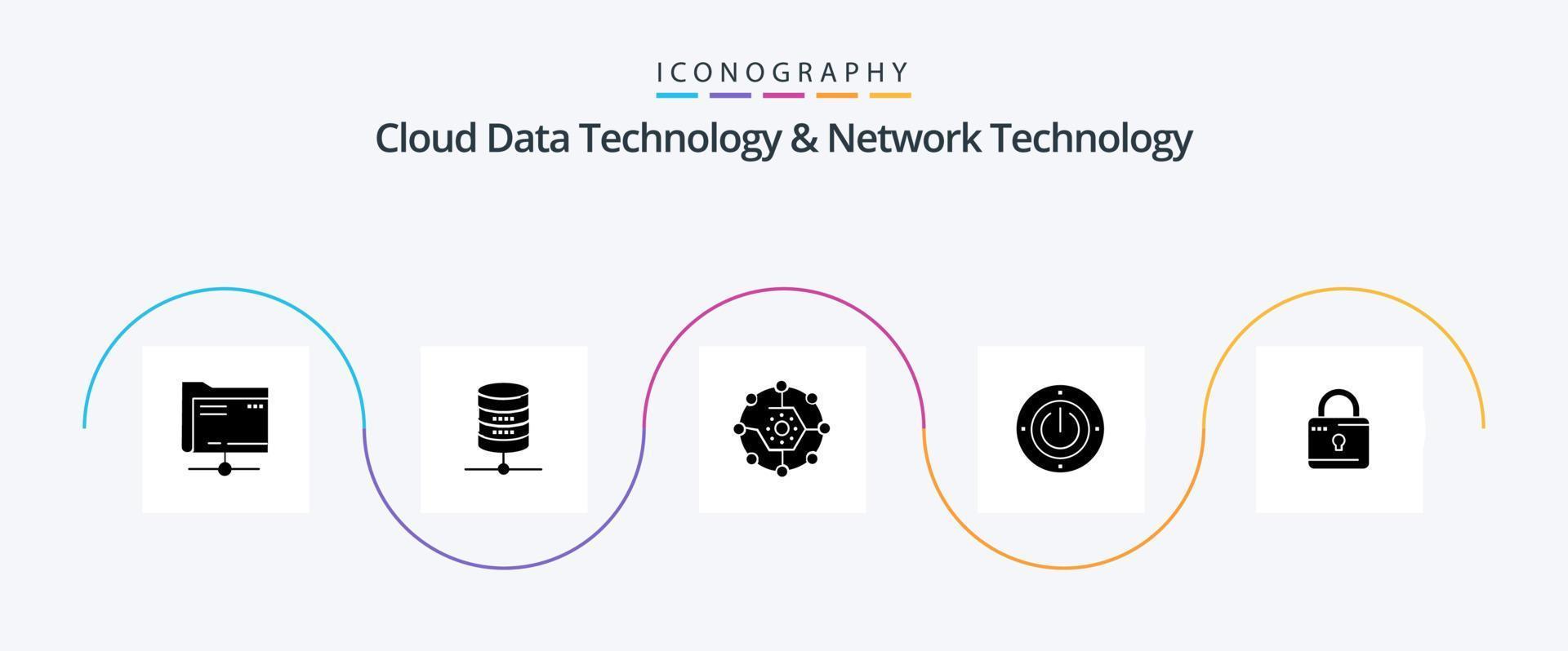 Cloud Data Technology And Network Technology Glyph 5 Icon Pack Including louck . power. computing. energy. share vector