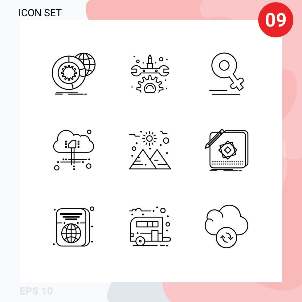 9 User Interface Outline Pack of modern Signs and Symbols of sun planet female power cloud Editable Vector Design Elements