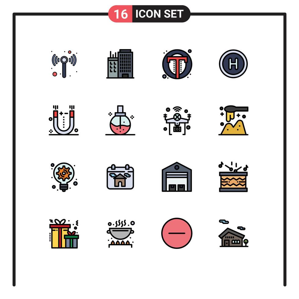 Modern Set of 16 Flat Color Filled Lines Pictograph of physics attraction photo sign medical Editable Creative Vector Design Elements