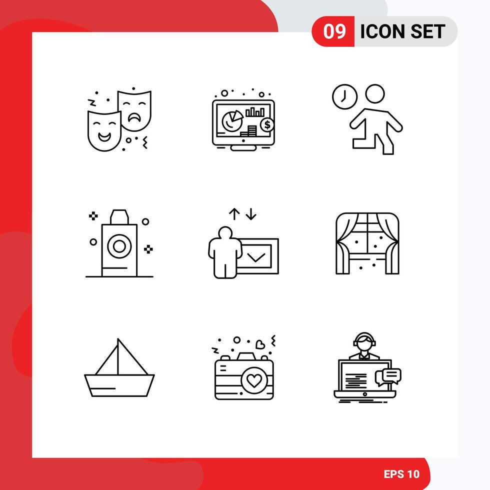 Group of 9 Modern Outlines Set for education room clock bath time Editable Vector Design Elements