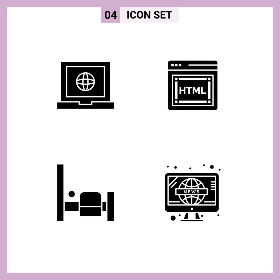 Stock Vector Icon Pack of 4 Line Signs and Symbols for globe news coding bed television Editable Vector Design Elements