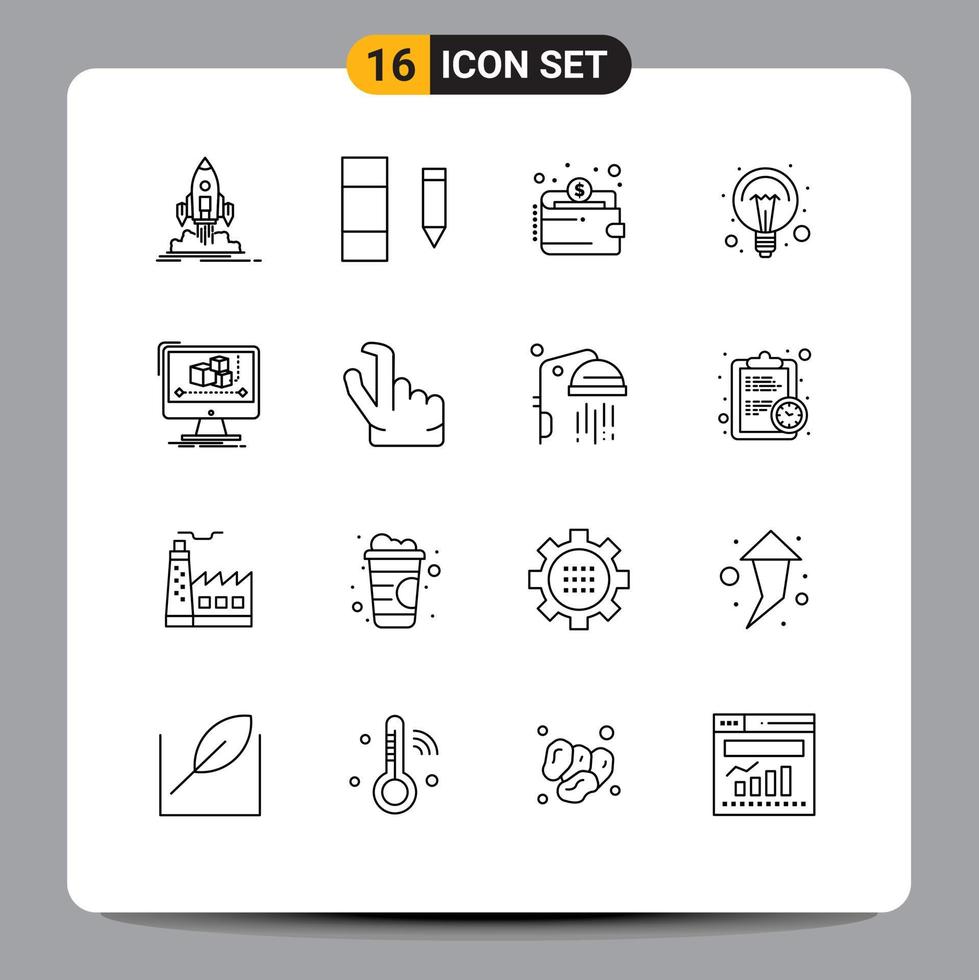 16 Universal Outline Signs Symbols of animation light cash ideas education Editable Vector Design Elements