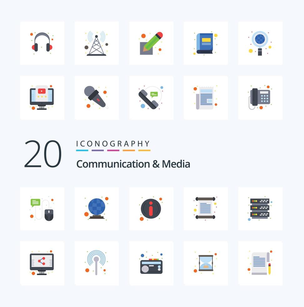 20 paquetes de iconos de color plano de comunicación y medios como invitación de factura de preguntas frecuentes de base de datos de almacenamiento vector