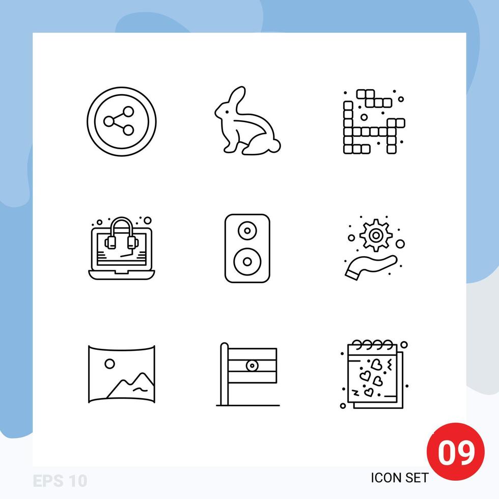 Pictogram Set of 9 Simple Outlines of optimization laud play woofer support Editable Vector Design Elements