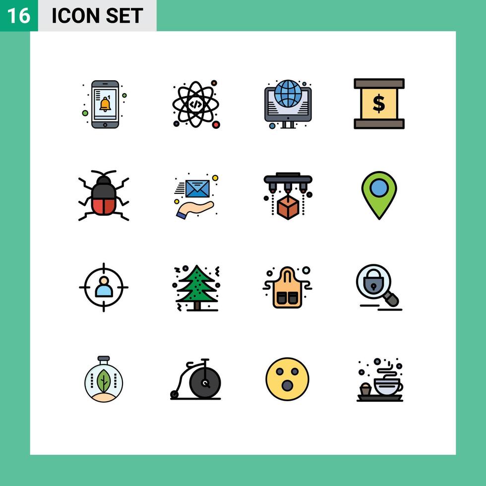 Flat Color Filled Line Pack of 16 Universal Symbols of nature bug internet biology finance Editable Creative Vector Design Elements
