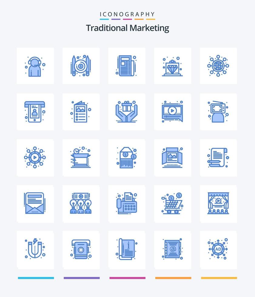 marketing tradicional creativo 25 paquete de iconos azules como la creación de redes. Servicio. escritor. real. oferta vector