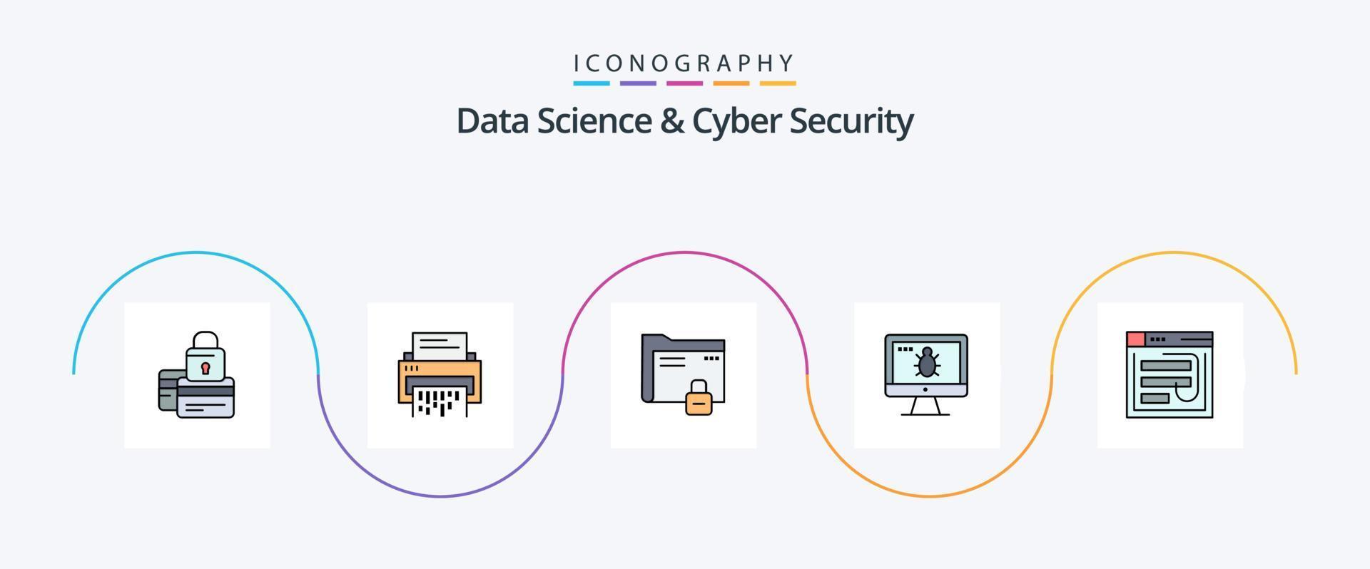 Data Science And Cyber Security Line Filled Flat 5 Icon Pack Including secure. password. delete. folder. shredder vector