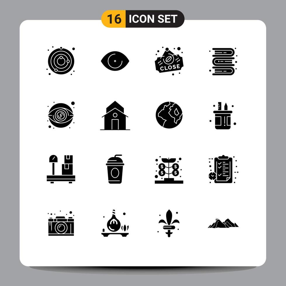 Mobile Interface Solid Glyph Set of 16 Pictograms of view learning coffee knowledge books Editable Vector Design Elements