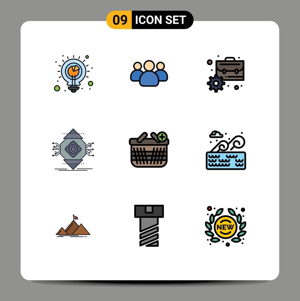 9 User Interface Filledline Flat Color Pack of modern Signs and Symbols of basket computer briefcase ubiquitous ubicomp Editable Vector Design Elements