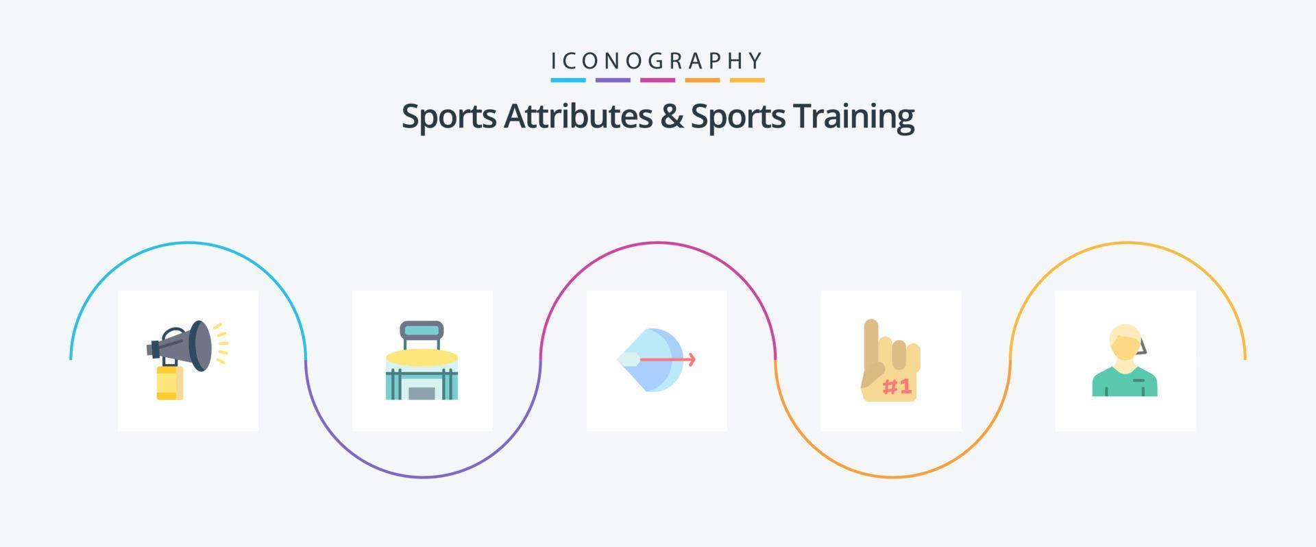 Atributos deportivos y paquete de íconos de 5 planos de entrenamiento deportivo que incluye espuma. fanático. deporte. disparo. flecha vector