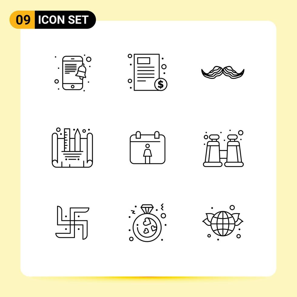 Pack of 9 Modern Outlines Signs and Symbols for Web Print Media such as female design blueprint moustache creating blueprint men Editable Vector Design Elements