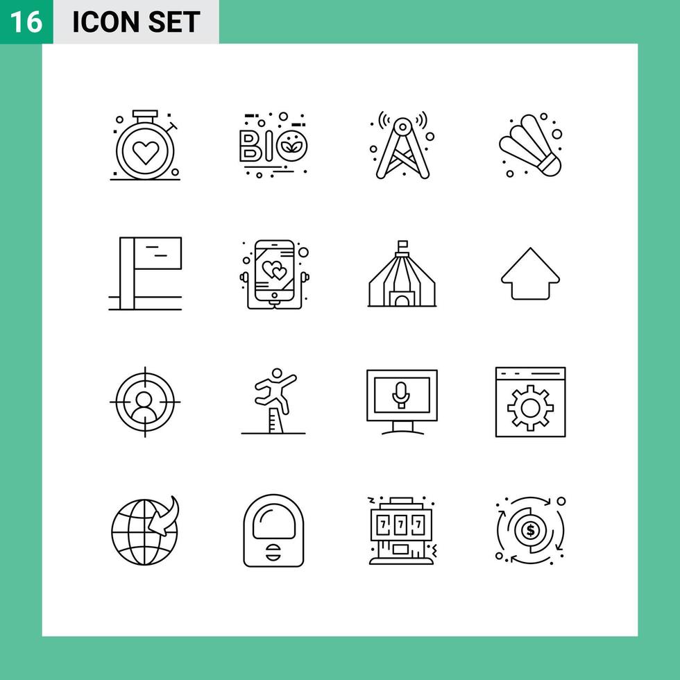 User Interface Pack of 16 Basic Outlines of flag game leaf badminton network Editable Vector Design Elements