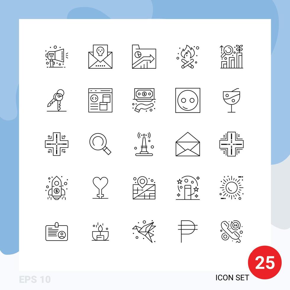 25 User Interface Line Pack of modern Signs and Symbols of research fire mail camping graph Editable Vector Design Elements